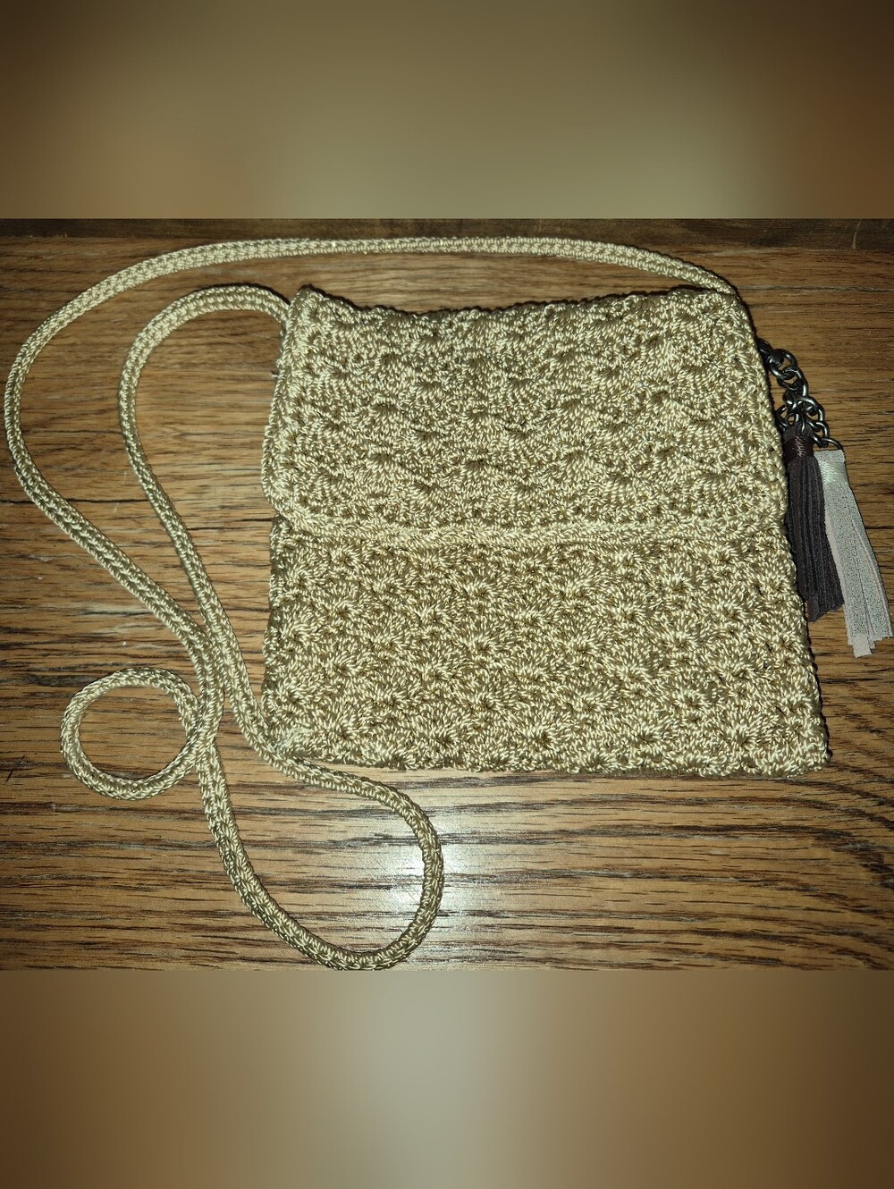 "The Sak" Beige Gold Woven Crochet Crossbody Bag with Tassels
